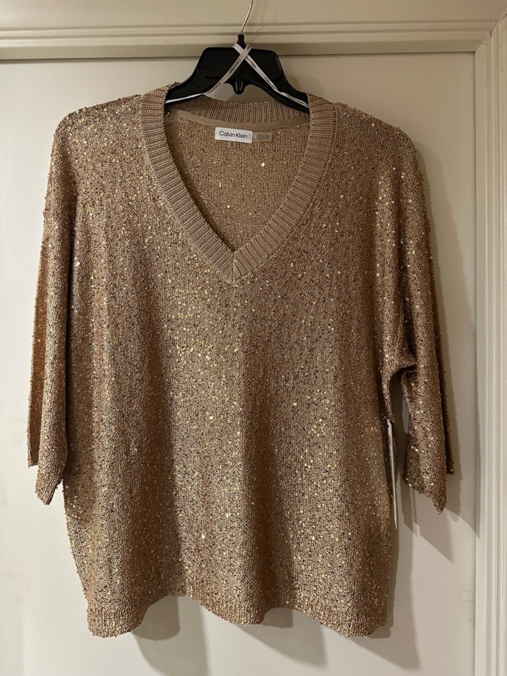 Calvin Klein Women's Gold Sequin V-Neck Pullover Sweater